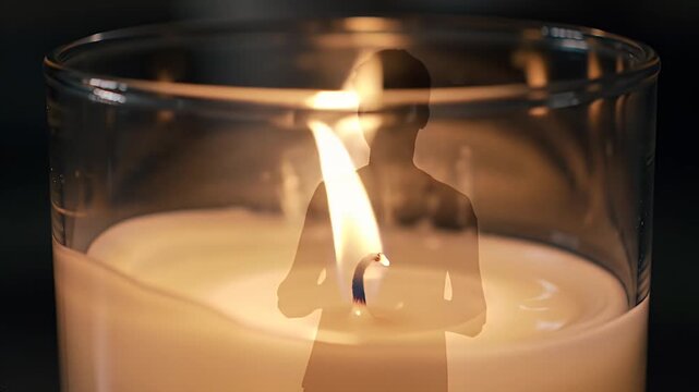 Close Up of White Wax Candle in Clear Glass Holder with Silhouette Shape and Black Background for a Somber Aesthetic
