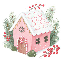 Watercolor illustration of a pastel pink gingerbread house  White Background