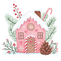 Watercolor illustration of a pastel pink gingerbread house  White Background