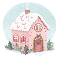 Watercolor illustration of a pastel pink gingerbread house  White Background