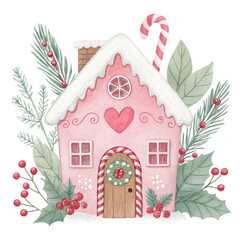 Watercolor illustration of a pastel pink gingerbread house  White Background