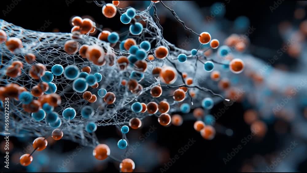 Poster BDNF. Brain-Derived Neurotrophic Factor. Neuroplasticity. Brain health. Cognitive function. A detailed microscopic view of molecular structures and networks.