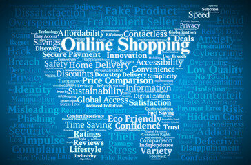 Obraz premium Online Shopping Word Cloud. Key Concepts On Benefits, Risks, Consumer Behavior, Security, Trust, Economy, And Lifestyle Impacts Of Digital Shopping Practices.