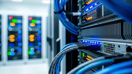 Closeup of blue network cables plugged into rackmounted servers with glowing blue green and orange lights set against a blurred background of more data center racks - Powered by Adobe