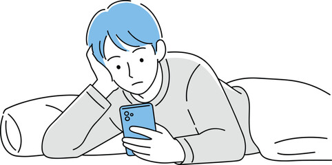 Cartoon vector illustration of blue‑haired person lying in bed using smartphone, relaxed lifestyle, technology use, and daily routine concept in flat style