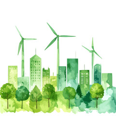 Green Cityscape with Wind Turbines and Trees.