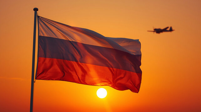 Russian Flag Floating With Soviet Yak-3 Fighter Plane