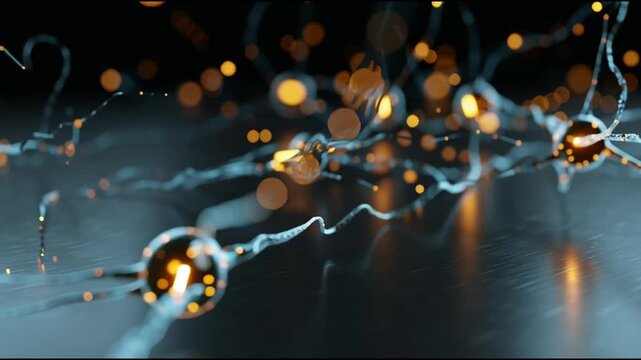 BDNF. Brain-Derived Neurotrophic Factor. Neuroplasticity. Brain health. Cognitive function. A close-up view of glowing neurons connected by thin fibers.