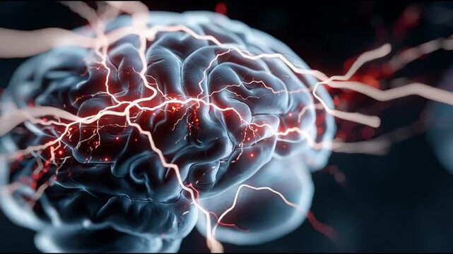 BDNF. Brain-Derived Neurotrophic Factor. Neuroplasticity. Brain health. Cognitive function. A detailed, illuminated rendering of a human brain with electrical activity.