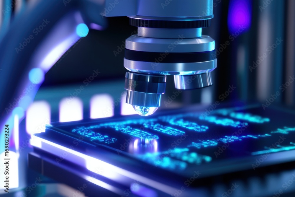 Poster exploring microscopic structures in a laboratory setting with advanced technology