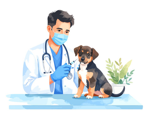 Veterinarian administering injection to puppy.