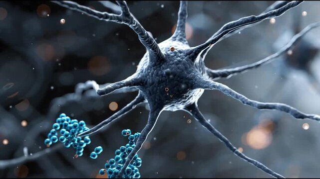 BDNF. Brain-Derived Neurotrophic Factor. Neuroplasticity. Brain health. Cognitive function. Close-up view of neurons with synapses and neurotransmitters.