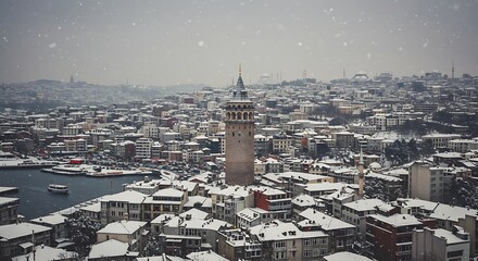 Snowy Galata Tower and Istanbul Cityscape.