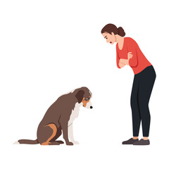 Woman angrily scolding a sad dog, showing discipline and pet behavior correction. Flat vector illustration isolated on white background