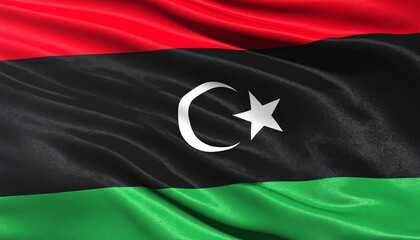 Waving Flag of Libya Against Blue Sky
