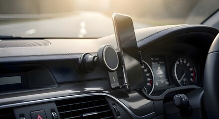 Fototapeta premium Smartphone attached to magnetic car phone holder on dashboard