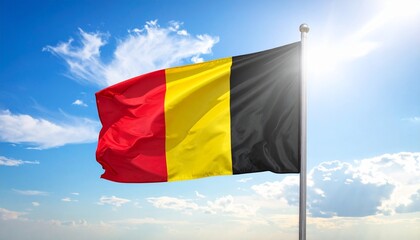 Waving Flag of Belgium Against Blue Sky