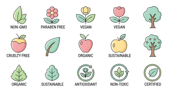 Set of eco-friendly icons with text: Non-GMO, Paraben Free, Vegan, Cruelty Free, Organic, Sustainable, Antioxidant, Non-Toxic, Certified