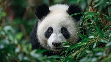 Giant Panda Eating Bamboo in Forest Habitat