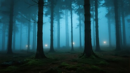 Obraz premium Mist-Shrouded Forest with Various Paths Illuminated by Atmospheric Lighting, Mystical and Serene Landscape