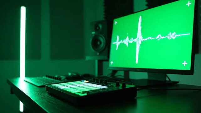 Professional Music Production Studio with Dynamic Audio Waveform on a Green Screen Monitor