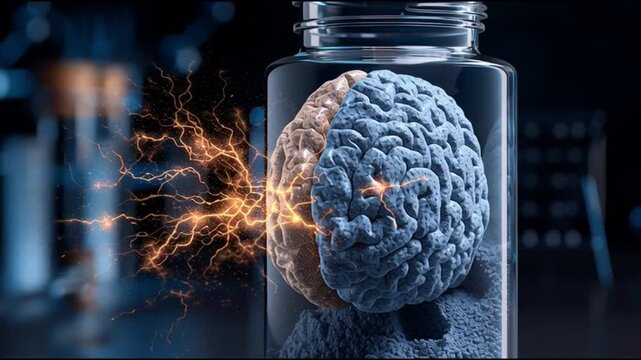 BDNF. Brain-Derived Neurotrophic Factor. Neuroplasticity. Brain health. Cognitive function. A brain in a jar with sparks of energy, emphasizing scientific exploration.