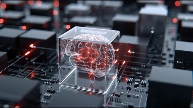 BDNF. Brain-Derived Neurotrophic Factor. Neuroplasticity. Brain health. Cognitive function. A digital brain model encased in glass on a circuit board.