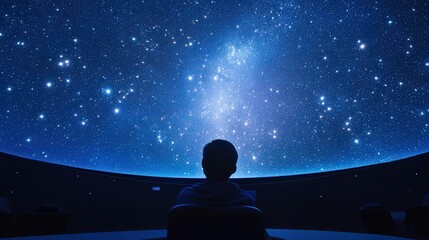 Person gazing at a simulated night sky in a planetarium.