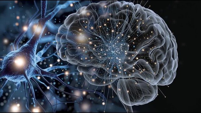 BDNF. Brain-Derived Neurotrophic Factor. Neuroplasticity. Brain health. Cognitive function. Illustration of neurons and brain synapses in a digital style.