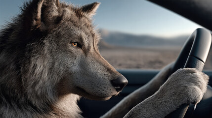 Wolf driving car, side view, realistic fur, animal behind wheel, desert background, focused expression, creative concept