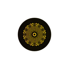 A circular, symmetrical mandala pattern in gold and yellow hues, set against a dark, speckled background.
