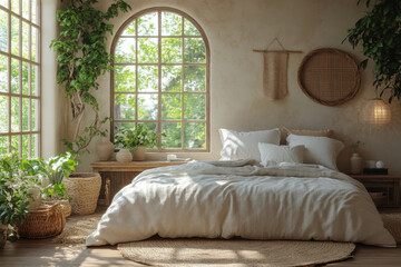 Bed with green bedding, facing sunny window with potted plants on the sill.