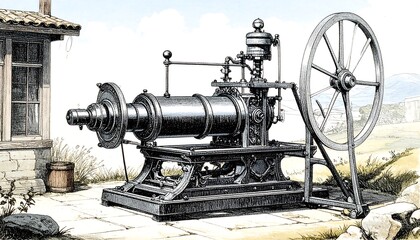 Vintage steam engine on a rustic stone platform