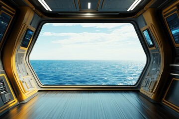 Futuristic interior with a panoramic ocean view in a sleek spacecraft
