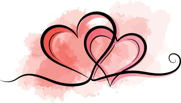 Two connected hearts artwork with watercolor splashes symbolizing love and romance vector