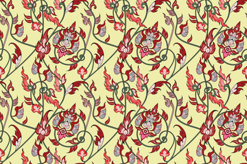 Traditional Thai art seamless floral damask pattern motif suitable for wallpaper, cloth, textile, tile, curtain and fabric design isolated illustration vector archive EPS file.