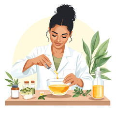 Woman scientist mixing natural oils in a bowl.