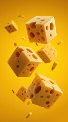 Vibrant cheese cubes floating against bright yellow background, perfect for food and culinary projects