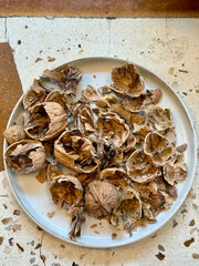 Plate of dried walnut shells and husks on speckled countertop, natural food waste, compost, zero waste, and kitchen recycling concept
