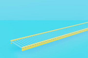 slide rule on white. 3d render of yellow conveyor rollers on bright blue background, modern industrial transport system for logistics, cargo, factory, and warehouse technology concept