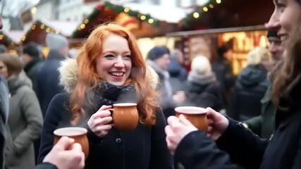 Festive friends enjoy hot drinks at market.