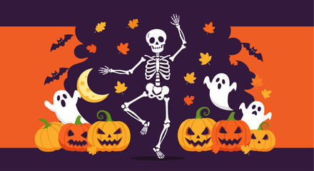 Cartoon illustration of a dancing skeleton surrounded by pumpkins, ghosts, bats, and autumn leaves.
