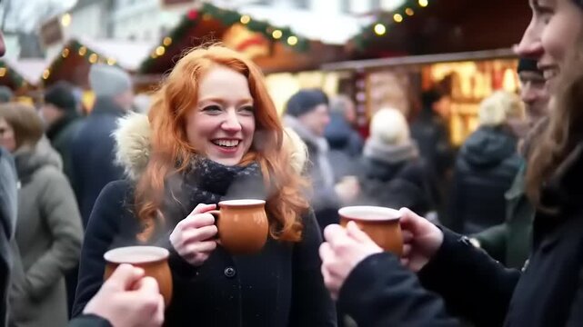 Festive friends enjoy hot drinks at market.