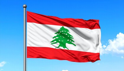 Lebanese national flag with green cedar tree on red and white stripes waving on fabric texture.