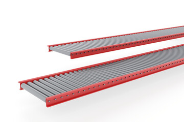 red stapler on the table. 3d render of double roller conveyors with red frames and metallic rollers on white background, industrial equipment for logistics, transport, cargo, factory, warehouse.