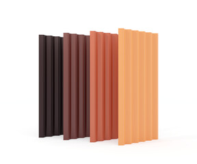 stack of books. 3d render of corrugated steel roof sheets in brown, red, and orange colors, isolated on white background, modern construction material for architecture, housing, roofing, and building 