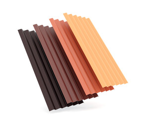 stack of books. 3d render of corrugated steel roof panels in brown, red, and orange colors, isolated on white background, construction material for architecture, building, roofing, and industrial