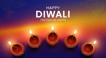 Happy diwali with five diya lamps on a colorful background for the festival of lights celebration