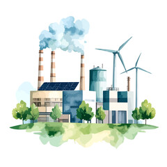 Watercolor Illustration of an Eco Friendly Industrial Factory with Wind Turbines.