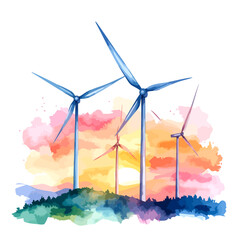 Colorful watercolor illustration of a wind farm with turbines.